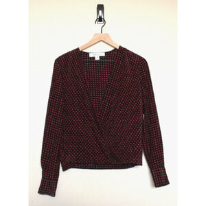 Diane von Furstenberg Blouse Top Shirt Drape Front Silk Black Red Dot Size 2 DVF